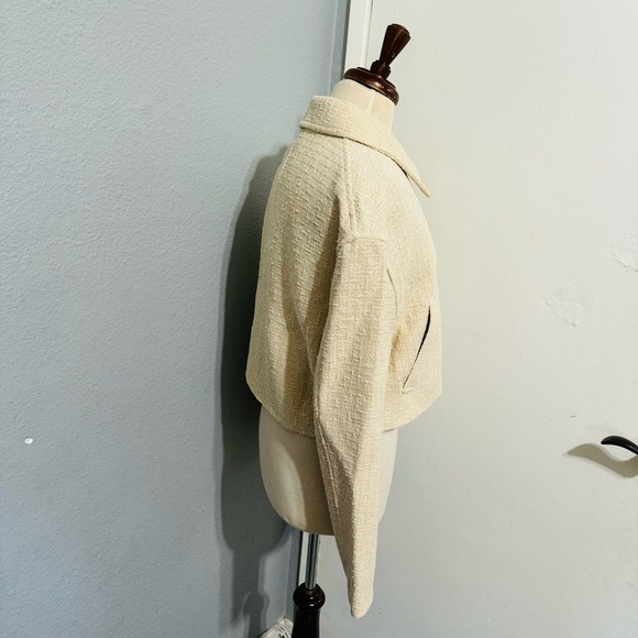 Zara Women Bloggers Favorite Ecru Textured Weave Bomber Collared Zip Jacket Sz M - Picture 8 of 17